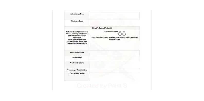 May include: A black and white printable chart with the title "How It's Taken (Pediatrics)" and sections for "Maintenance Dose", "Maximum Dose", "Pediatric Dose", "Drug Interactions", "Side Effects", "Contraindications", "Pregnancy/Breastfeeding", and "Key Counsel Points".