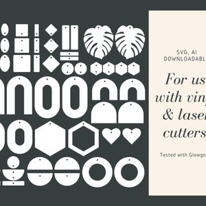 Może przedstawiać: Zestaw 30 szablonów kolczyków do pobrania w formacie SVG i AI, do użytku z ploterami tnącymi i laserami. Szablony obejmują różne kształty, takie jak koła, owale, kwadraty, prostokąty, diamenty, sześciokąty, serca i liście. Szablony są przeznaczone do rękodzieła i tworzenia niepowtarzalnych kolczyków.