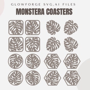 Glowforge Monstera Plant Coaster Bundle: 4 Unique Digital Designs for Laser Cutting