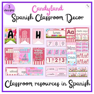 Spanish Classroom Decor: Candyland classroom theme; alphabet flashcards; month labels; number flashcards; classroom labels; Spanish resource