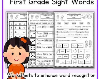May include: Black and white worksheets for first grade students to practice sight words. The worksheets feature a cartoon girl, dice, and various words like "some", "fly", "then", "were", "going", "think", "shopping", "after", "school", "birds", "can", "high", "onto", "tallest", "trees", "I", "am", "doing", "math", "I", "can", "read", "these", "tricky", "words", "I", "can", "go", "for", "lunch", "the", "children", "having", "fun", "outside", "culd", "could", "from", "frome", "were", "wer", "ane", "an", "wen", "when", "len", "then", "his", "hes", "them", "vem".
