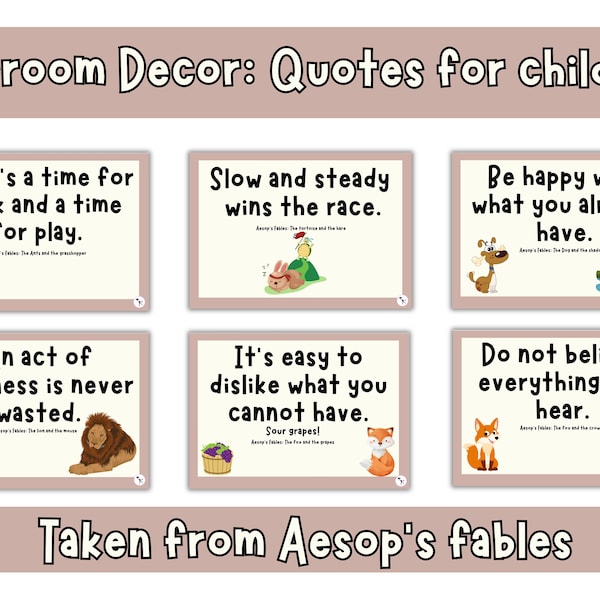 Aesops fables; English classroom decor; classroom labels; classroom theme; printable flashcards; Aesops; story theme moral; Aesop quotes