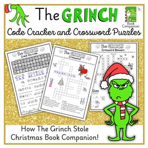 Puede incluir: Un conjunto de actividades imprimibles titulado The Grinch Code Cracker and Crossword Puzzles que incluye tres hojas blancas con texto negro, ilustraciones de líneas de iconos navideños y un dibujo animado del personaje Grinch verde con gorro rojo.