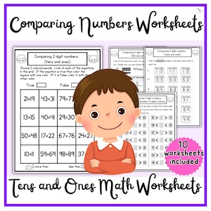 May include: A set of 10 printable worksheets for comparing two-digit numbers. The worksheets feature a cartoon boy and use the terms "more than" and "less than".