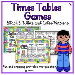 May include: Two printable multiplication game boards featuring colorful cartoon characters. The first board is for practicing 2x, 5x, and 10x multiplication tables. The second board is for practicing mixed multiplication tables. Both boards have spaces for two players.