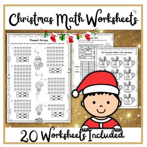 Puede incluir: Un conjunto de 20 hojas de trabajo de matemáticas con temática navideña para niños. Las hojas de trabajo presentan una variedad de actividades, que incluyen multiplicación, suma y reagrupación. Las hojas de trabajo están ilustradas con imágenes festivas de regalos, Papá Noel y elfos.