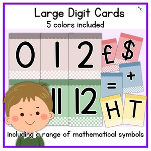 May include: Large digit cards in five colors, including the numbers 0, 1, 2, 11, and 12. The cards also include mathematical symbols such as pound sign, dollar sign, plus sign, equals sign, and the letters H and T.