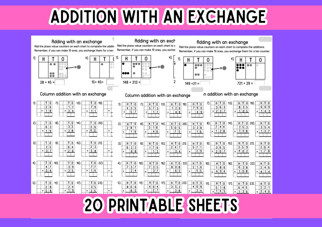 Addition With an Exchange Worksheet Printable - Etsy