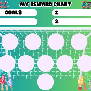 Op de afbeelding: Een groen en blauw beloningsschema met een voetbaldoel en witte cirkels om in te kleuren. Het schema heeft de titel "MY REWARD CHART" en ruimte om drie doelen in te vullen.