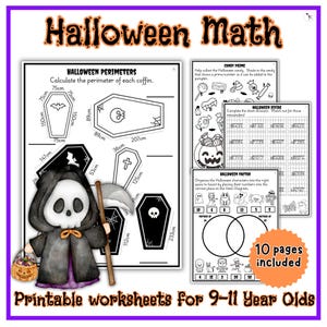 Può includere: Fogli di lavoro di matematica a tema Halloween per bambini di 9-11 anni. Le pagine stampabili includono calcoli di perimetro, attività sui numeri primi, problemi di divisione ed esercizi sui fattori. L'immagine presenta un'illustrazione della Morte e diagrammi di bare.