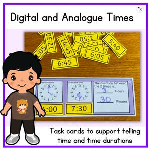 Tarjetas de aprendizaje de relojes digitales y analógicos: cálculo de la hora, actividades interactivas