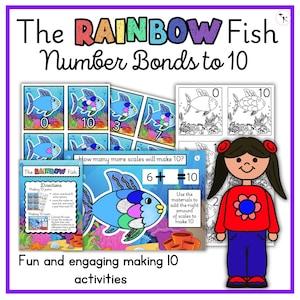 Flashcard e tappetini con legami numerici sui pesci arcobaleno: apprendimento della matematica KS1 per la scuola materna e la prima infanzia