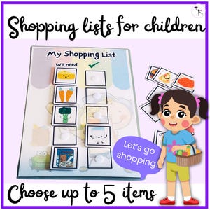 Puede incluir: Una lista de compras imprimible colorida para niños. La lista incluye imágenes de queso, zanahorias, brócoli, leche y cereales. El texto en la lista dice "Mi lista de compras" y "Necesitamos". Hay casillas de verificación junto a cada artículo en la lista. El texto en la parte inferior de la lista dice "Elige hasta 5 artículos".