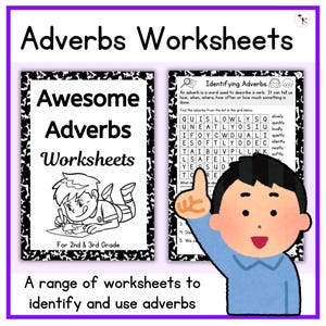 Könnte beinhalten: Schwarzweiß-Illustration eines Kindes, das auf ein Blatt Papier schreibt. Das Bild trägt den Titel "Awesome Adverbs Worksheets" und ist für die 2. und 3. Klasse. Das zweite Bild ist ein Wortsuchrätsel mit dem Titel "Identifying Adverbs". Der Text "Find the adverbs from the list in the grid below" ist enthalten. Das Wortsuchrätsel enthält die Wörter "slowly", "quickly", "loudly", "quietly", "silently", "neatly", "softly" und "safely".