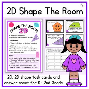 Peut inclure: Une feuille de travail imprimable pour les enfants pour apprendre les formes 2D. La feuille de travail comprend 20 cartes de formes, une feuille de réponses et des instructions pour une activité de salle sur le thème des formes. La feuille de travail est conçue pour la maternelle à la deuxième année.