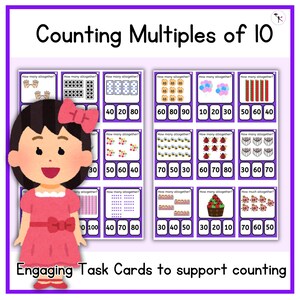 Tarjetas de tareas para el aprendizaje de las matemáticas: contar de diez en diez para el desarrollo de los niños - Actividad educativa de multiplicación
