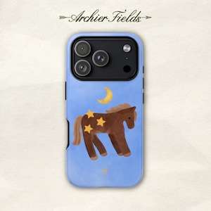 May include: A light blue smartphone case featuring a brown horse illustration with yellow stars on its body and a yellow crescent moon above. The text Archier Fields is printed at the top. The case has a black camera cutout with three lenses.