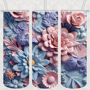 3D Embroidered Flowers, 20 oz Skinny Tumbler, Sublimation Design Digital Download PNG 3D Embroidered Floral 20oz Skinny Tumbler Wrap PNG