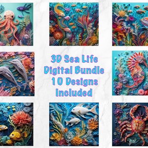 3D Sea Life wrap, Tumbler Bundle, 10 Sublimation Designs, Digital Download, Straight and Tapered Tumbler Wrap PNG 20 Oz skinny tumbler
