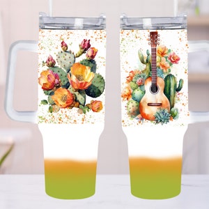 Western guitar Watercolor 40oz Quencher Tumbler Wrap -  Seamless PNG Tumbler Design Sublimation Designs Downloads - PNG