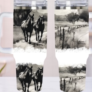 Black and White horses western 40oz Quencher Tumbler Wrap - PNG Tumbler Design Sublimation Designs Downloads - PNG