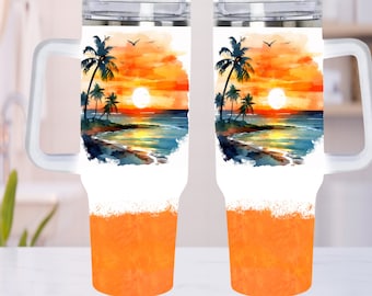 Beach Sunset Acuarela 40oz Quencher Tumbler Wrap - Diseño de vaso PNG transparente Diseños de sublimación Descargas - PNG