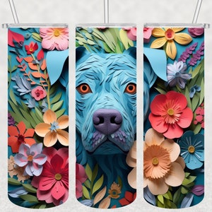 May include: A blue dog's face is surrounded by colorful paper flowers. The flowers are in shades of pink, orange, yellow, and blue. The dog's eyes are orange, and its nose is purple.