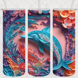 3D Dolphin wrap, 3D Sea Life png, 20 oz Skinny Tumbler Sublimation Design, Download digitale, Tumbler dritto e affusolato Wrap PNG 11