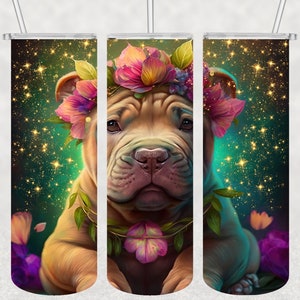 Shar Pei Tumbler Wrap, floral Shar Pei png, 20 Unzen Skinny Tumbler Sublimation Design, digitaler Download, gerade und konisch Tumbler Wrap PNG