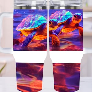 Neon sea turtles Beach scene 40oz Quencher Tumbler Wrap - PNG Tumbler Design Sublimation Designs Downloads - PNG