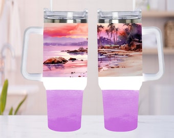 Playa Acuarela Puesta de sol 40oz Quencher Tumbler Wrap - Diseño de vaso PNG transparente Diseños de sublimación Descargas - PNG