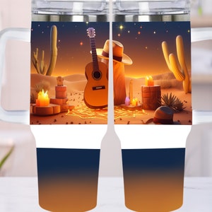 Western Guitar Desert 40oz Quencher Tumbler Wrap -  Quencher PNG Tumbler Design Sublimation Designs Downloads - 40 Oz tumbler PNG