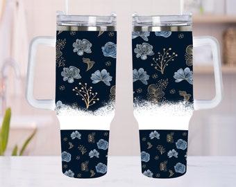 Blue and Gold Flowers 40oz Quencher Tumbler Wrap -  Seamless PNG Tumbler Design Sublimation Designs Downloads - 40 Oz tumbler PNG