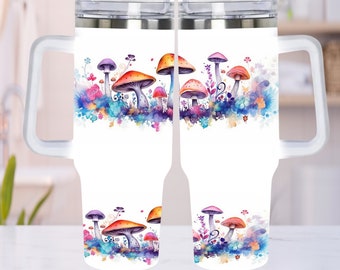 Mushroom Watercolor 40oz Quencher Tumbler Wrap - PNG Tumbler Design Sublimation Designs Downloads - PNG