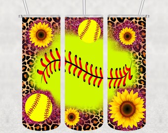 Softball leopard pink glitter tumbler, Softball Tumbler Wrap Designs - Skinny Tumbler 20oz Design