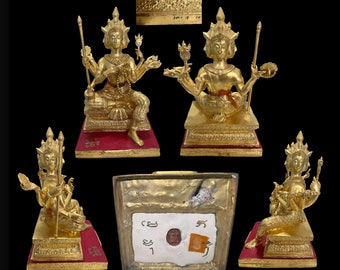 Thai Lanna Amulett Hand geschrieben Yant Blattgold Phra Phrom Lord Brahma Bucha Statue Chok Dee Mee Suk S / N 117 LP Hong Temple Wat Petchburi