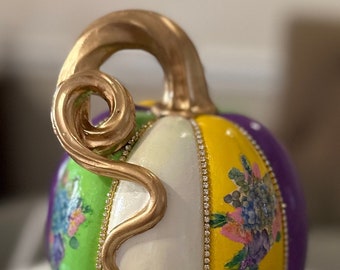 Multi Colored Pumpkin with Decoupaged Florals and Rhinestones Cream Yellow Purple Green Gold