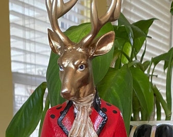 Hand Painted Dapper Reindeer in Red Suit Coat and Red and Black Dot Pants 15 Inches Tall