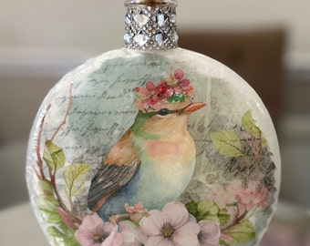 Lighted Bird with Crown of Flowers Floral Bottle, Décor for Home, Decoupaged, Rhinestones, Brooch Spring Summer Romantic