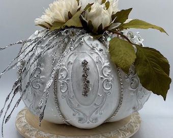 White and Silver Pumpkin, Rhinestones, Silver Florals, Molded Appliques
