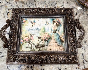 Bronze Vanity Tray Embellished with Rhinestones, Image  of Victorian Lady and Bicycle, Florals, Crowns