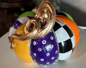 Whimsical Resin Pumpkin, Curly Stem, Hand Painted, Fall Décor, Halloween, Rhinestones , Checks, Stripes, Dots, Tiered Tray, Decorative