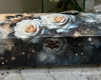 Jewelry, Remote, Glasses Wooden Box Decoupaged with White Roses, Black and White Check Sides and Back, Brass Feet and Lock, Felt Lining