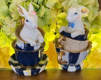 A Pair of Stacked Teacups with a Girl & Boy Bunny,  ROYAL BLUE Stripe, Easter, Spring, Check, Whimsical, Basket Hand Painted
