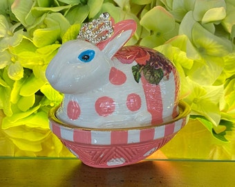 2 Piece Pink and White Trinket/Jewelry Glass Box, Bunny, Whimsical, Easter
