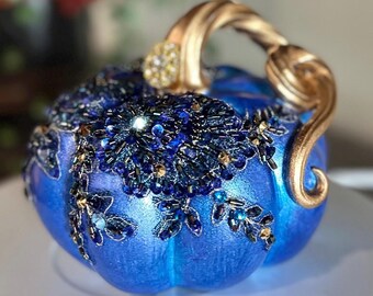 Whimsical Blue Resin Pumpkin, Curly Stem, Hand Painted, Fall Décor, Halloween, Beaded Overlay, Tiered Tray, Decorative