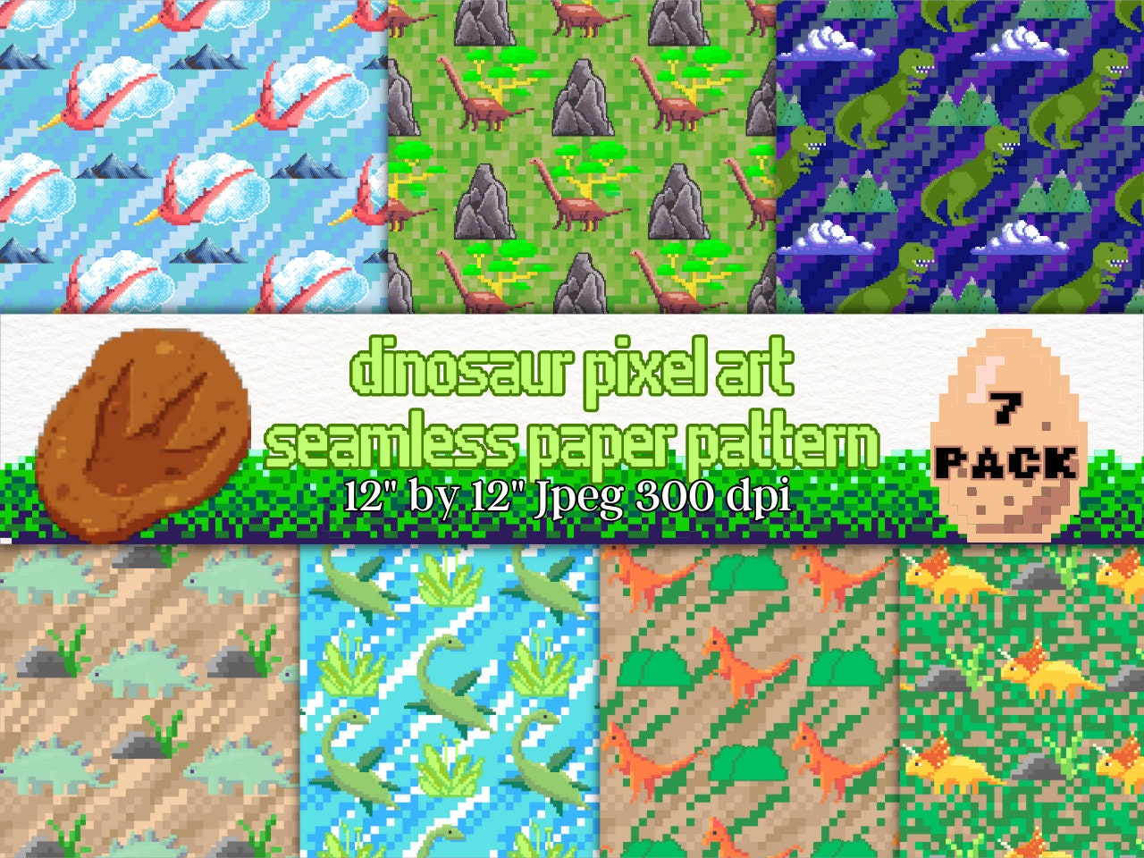 Dinosaur Pixel Art Seamless Paper Pattern 7 Pack Printable Pattern ...