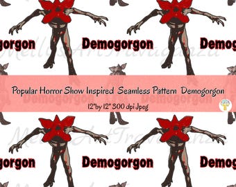 May include: Seamless pattern featuring Demogorgon monsters from a popular horror show. The design includes multiple Demogorgon figures with red petal-like heads and outstretched arms, set against a white background. Text reads "Demogorgon" and "Popular Horror Show Inspired Seamless Pattern Demogorgon".
