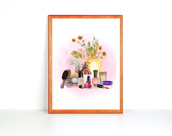 Pintura de acuarela de cosméticos de belleza, arte mural imprimible para baño, dormitorio, sala de estar, oficina. Impresión digital. Impresión artística de productos de belleza.