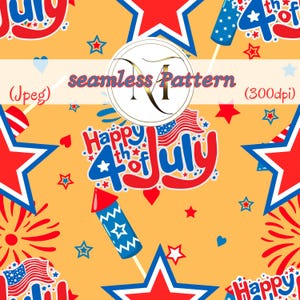May include: A seamless pattern with a yellow background featuring red, white, and blue stars, fireworks, and text that reads "Happy 4th of July." The design includes American flags and rocket popsicles.
